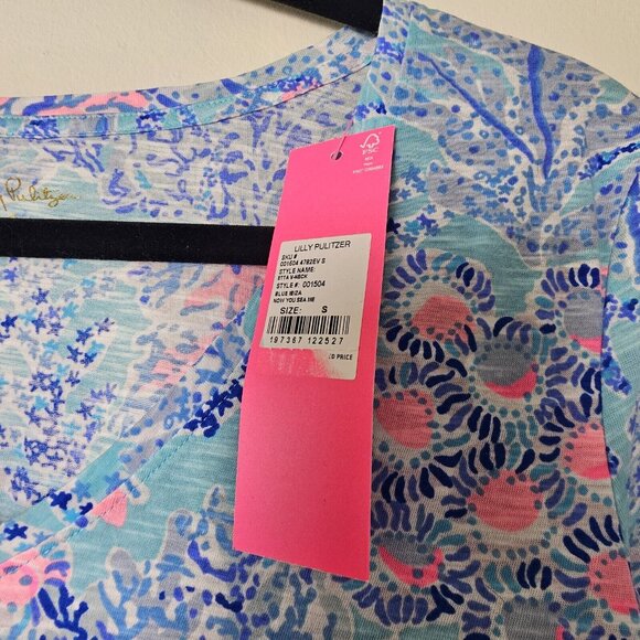 NWT Lilly Pulitzer S Etta V-Neck Top Blue Ibiza Now you Sea Me Preppy T-shirt - Picture 4 of 6